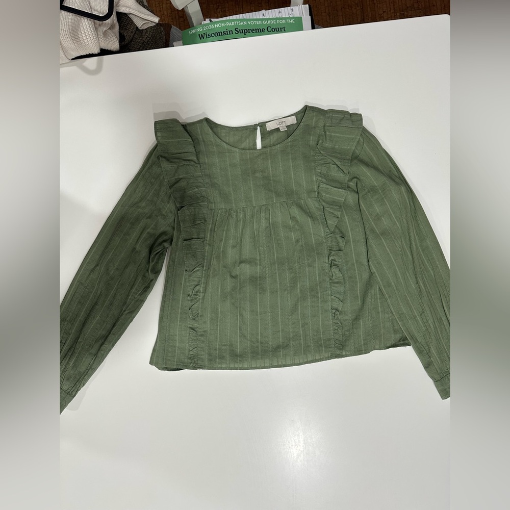 LOFT Sun-kissed Leaf Green Ruffle Long Sleeve Top